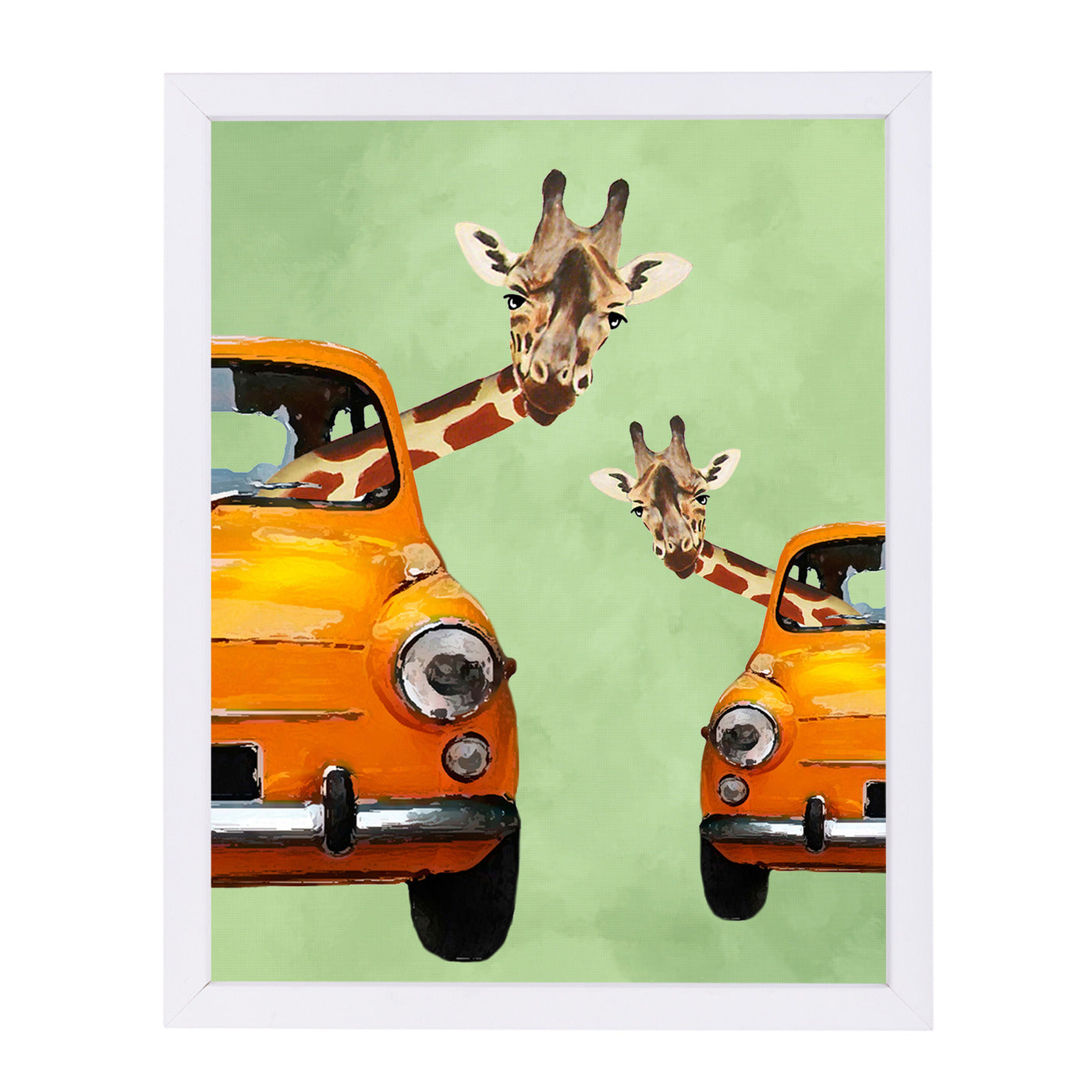 Giraffes In Yellow Cars By Coco De Paris - White Framed Print - Wall Art - Americanflat
