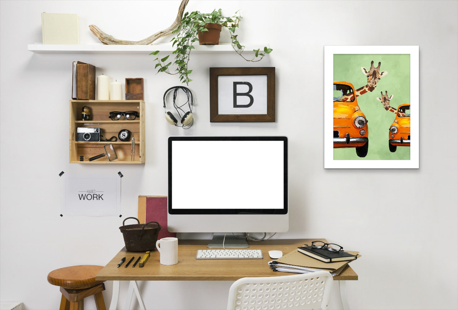 Giraffes In Yellow Cars By Coco De Paris - White Framed Print - Wall Art - Americanflat