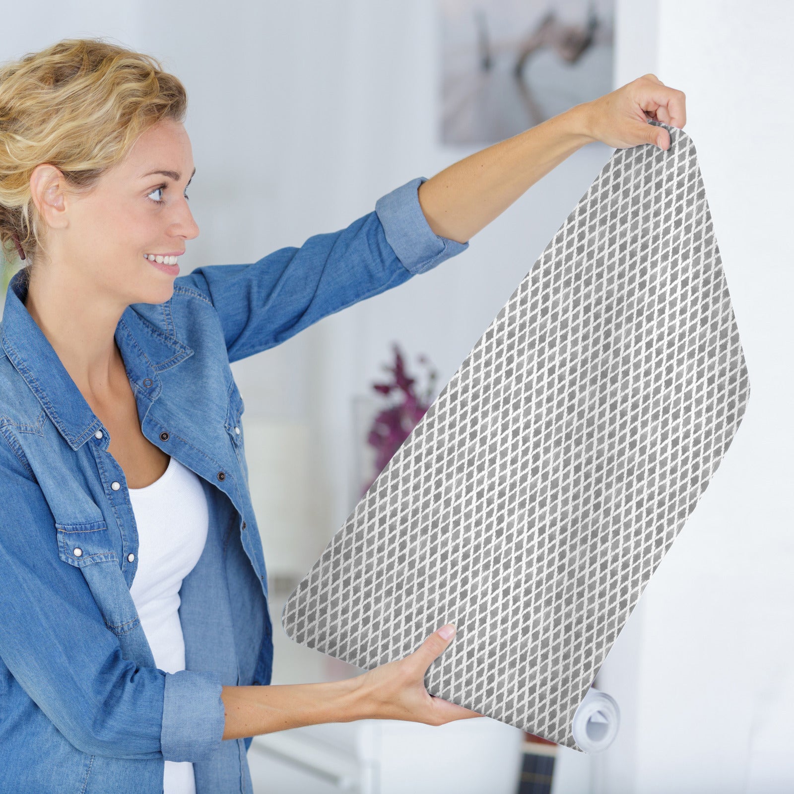 18' L x 24" W Peel & Stick Wallpaper Roll - Grey Tribal Check - Wallpaper - Americanflat