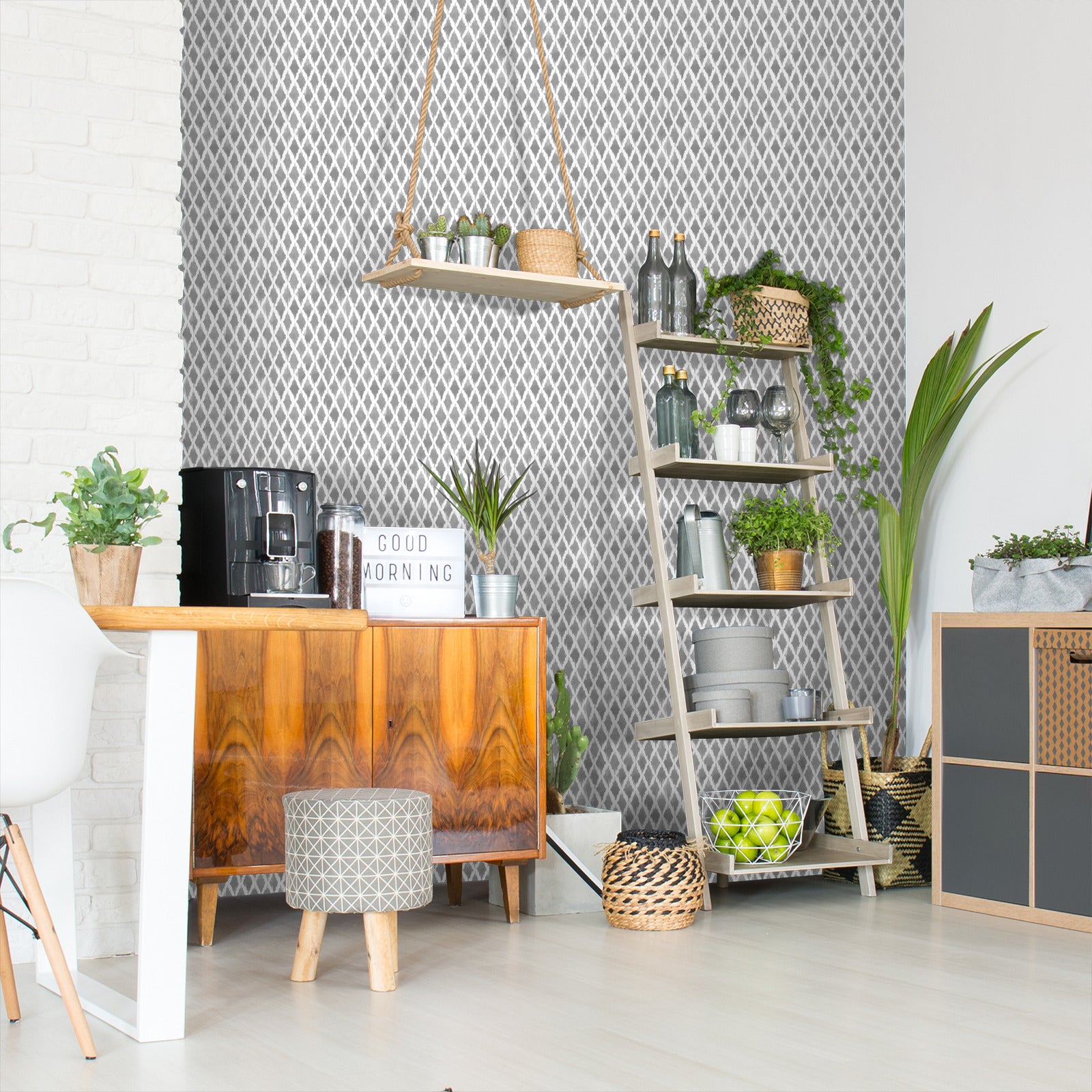 18' L x 24" W Peel & Stick Wallpaper Roll - Grey Tribal Check - Wallpaper - Americanflat