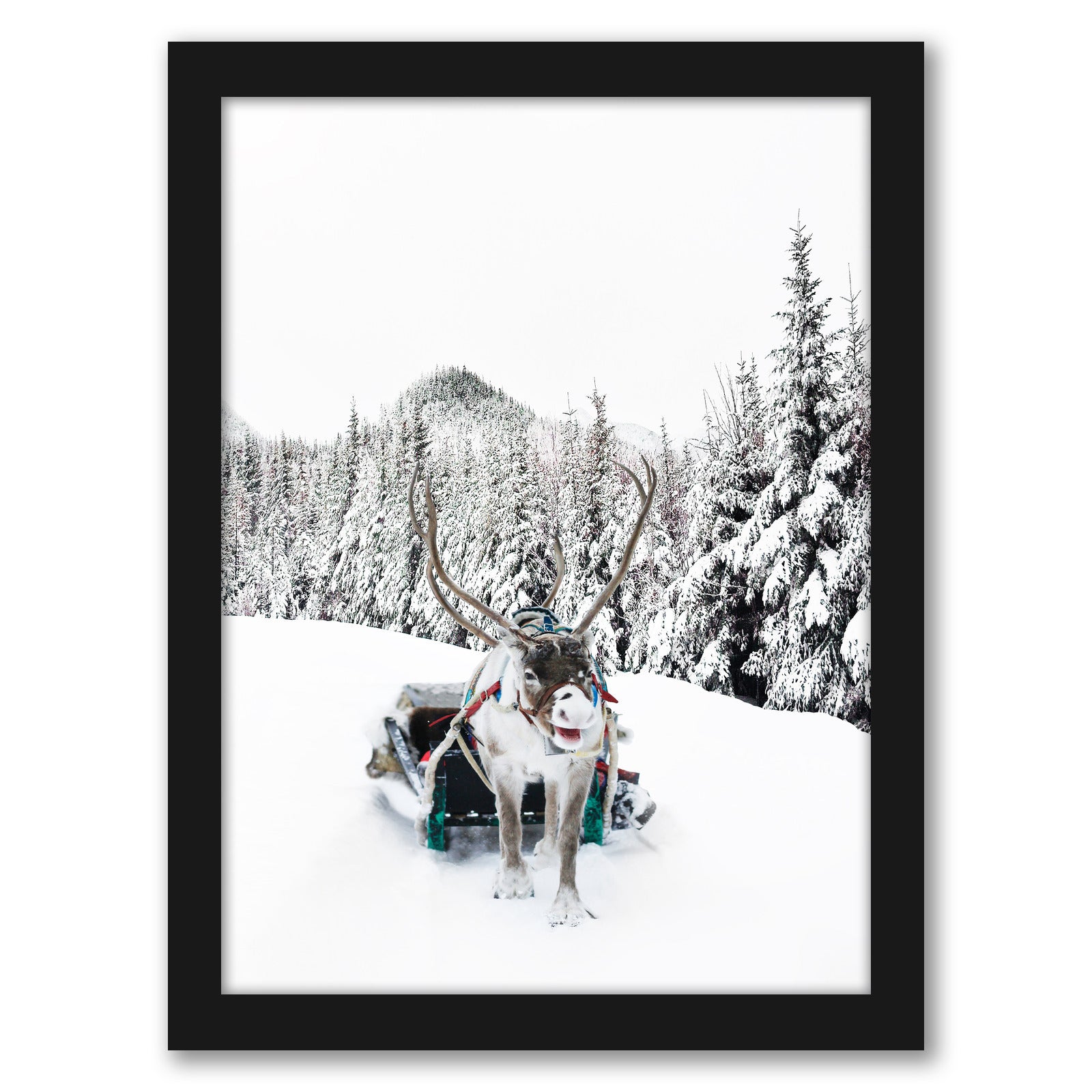Reindeer And Snowy Forest Trees by Tanya Shumkina - Black Framed Print - Wall Art - Americanflat