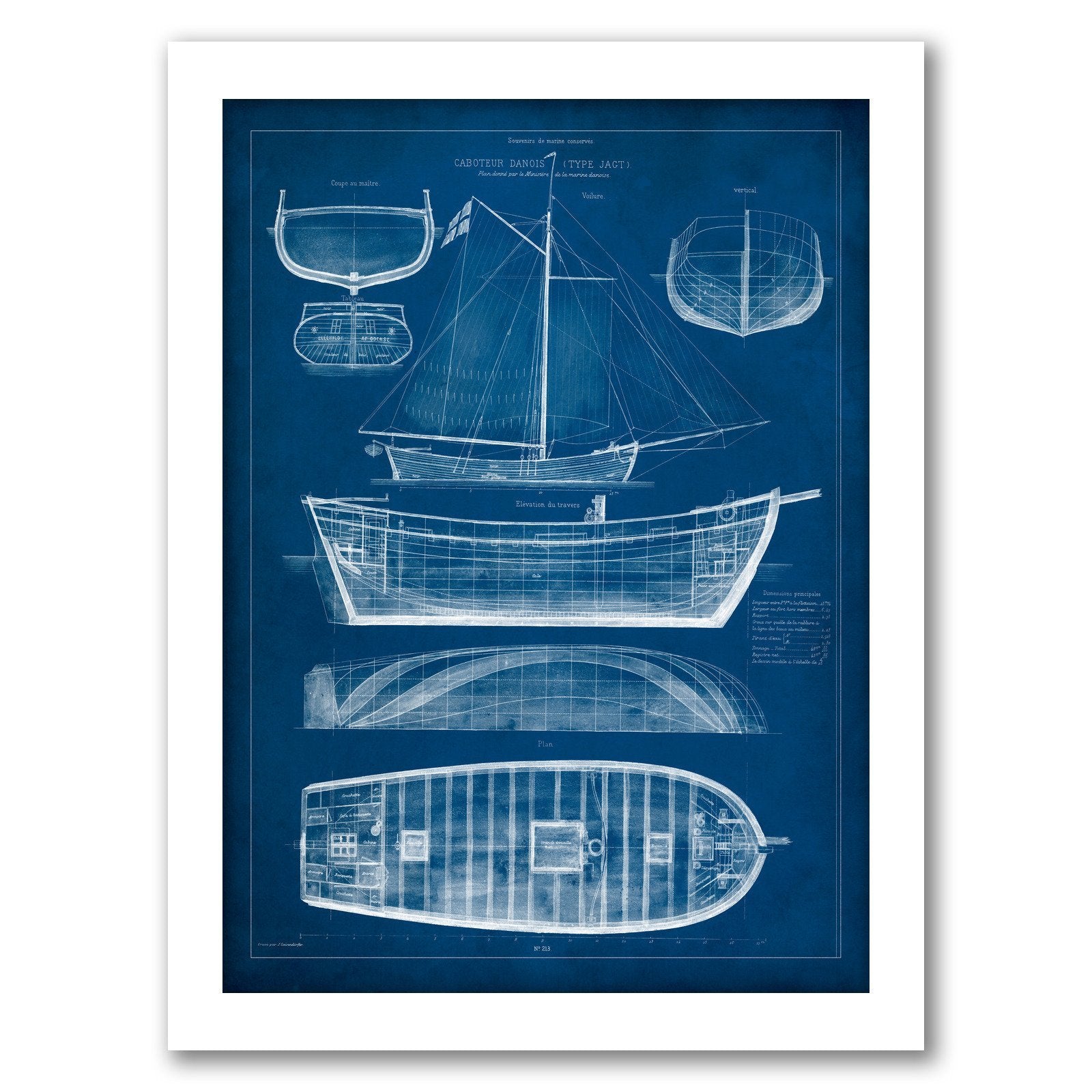 Antique Ship Blueprint II by Vision Studio by World Art Group - White Framed Print - Wall Art - Americanflat