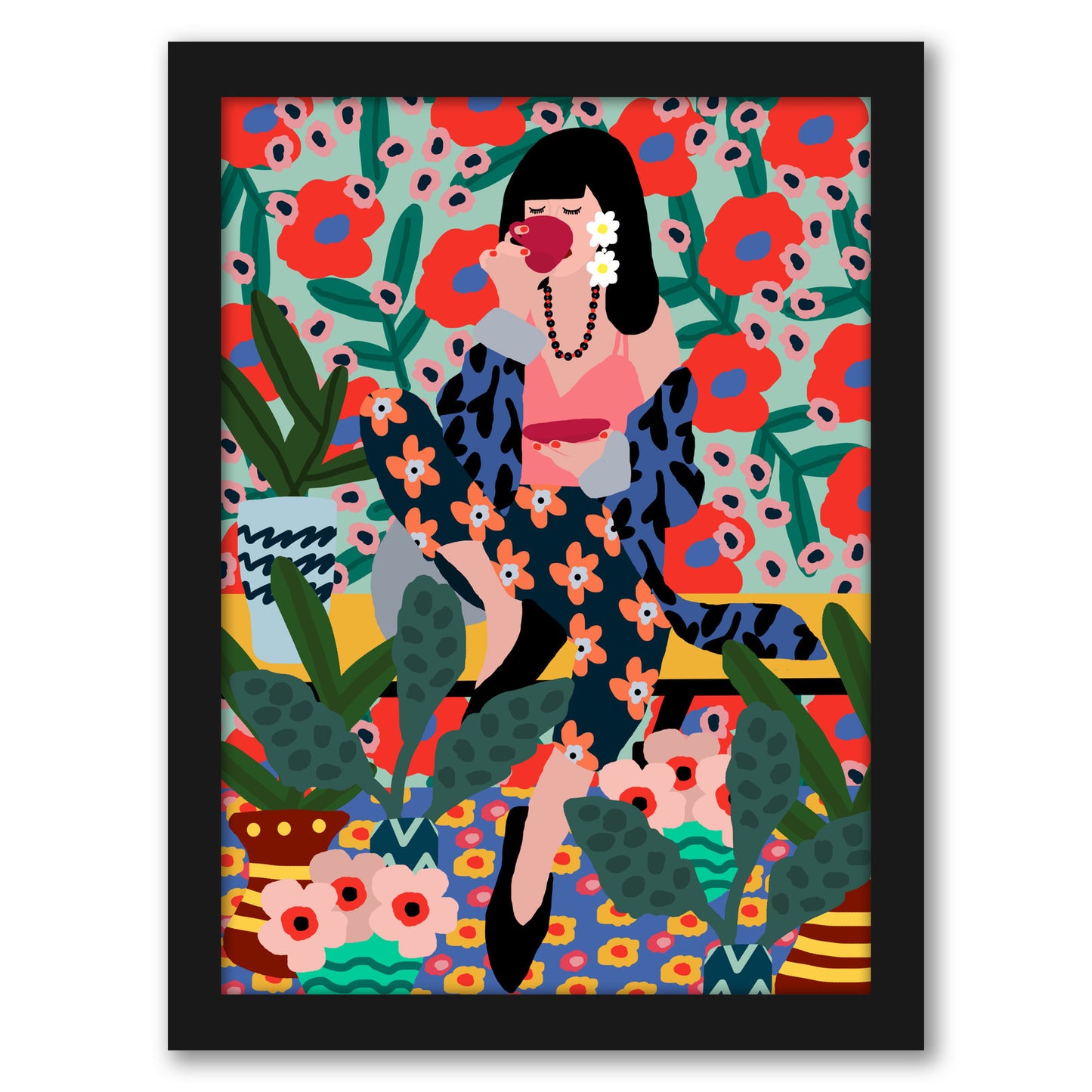 Girl Drinking Tea by Studio Grand-Pere Black Framed Print - Framed Print - Americanflat