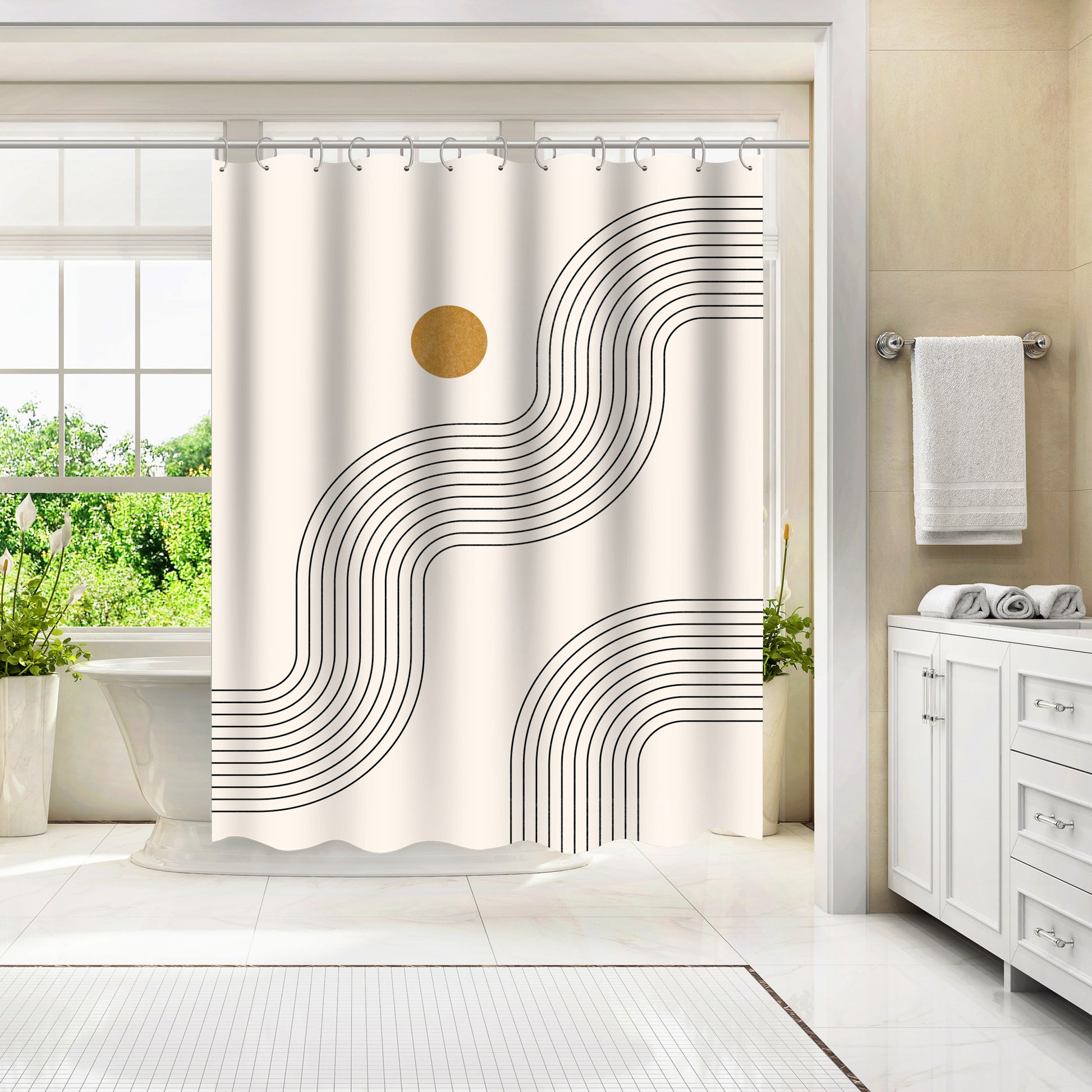 71 x 74 Abstract Shower Curtain with 12 Hooks, Boho Geometric