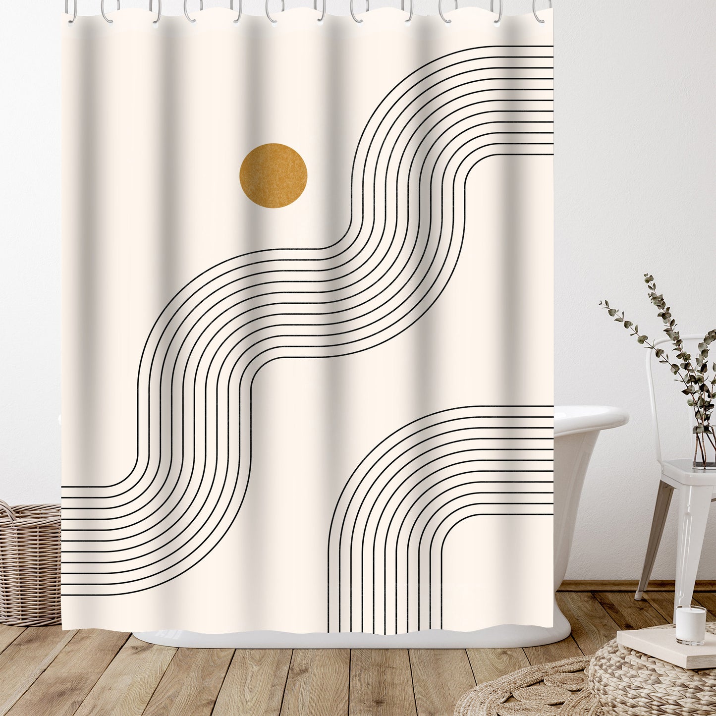 71" x 74" Abstract Shower Curtain with 12 Hooks, Boho Geometric Lines Part 3 by Tetyana Karankovska