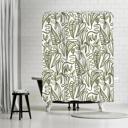 New Inked Foliage Final American Flat White & Olive Green by Samantha Santana - Shower Curtain, Shower Curtain, 74" X 71"