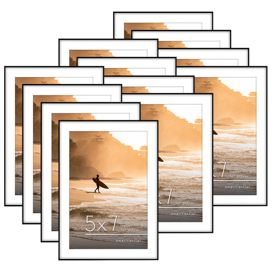 Front Loading 5x7 Frame in Black - Set of 12 - Use as 4x6 Frame with Mat and 5x7 Frame Without Mat - Shatter Resistant Glass and Easel Stand For Horizontal and Vertical Display - Picture Frame