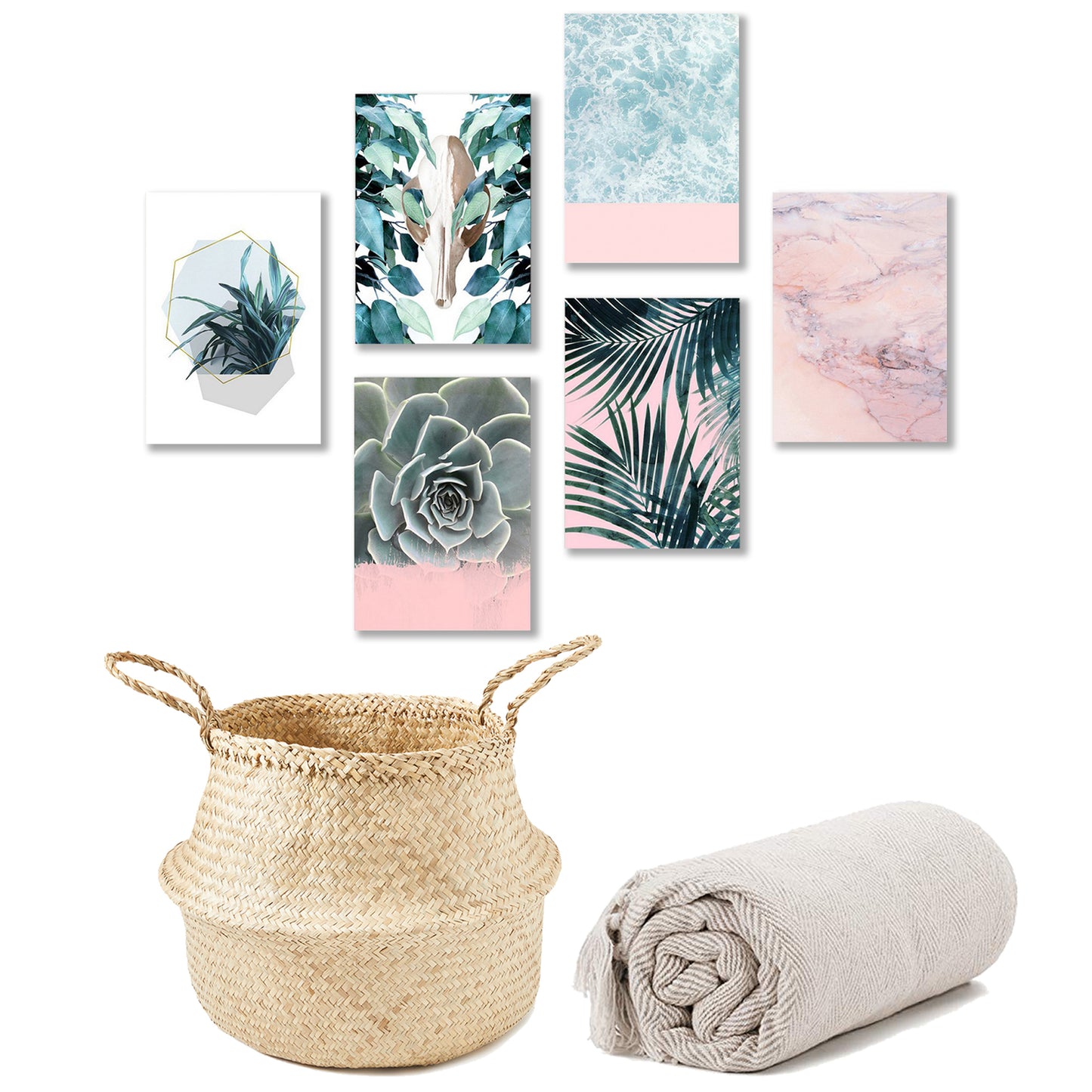 Boho Style Bundle: Beach Canvas Gallery Wall, Seagrass Basket & Herringbone Cotton Throw Blanket - Bundle - Americanflat