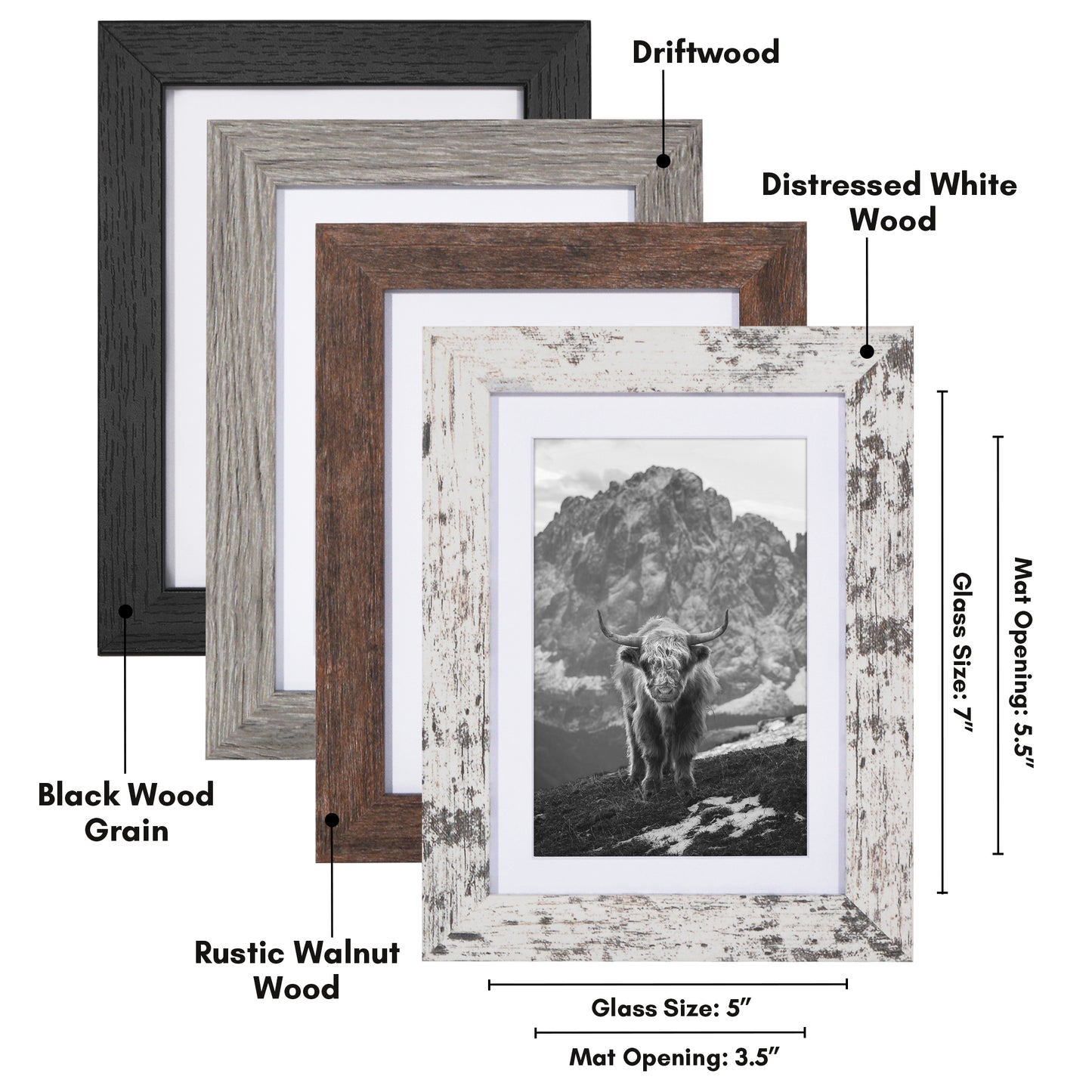 Rustic 5x7 Frame Set of 4 - Photo Frame with Textured Engineered Wood, Shatter Resistant Glass, and Easel - Picture Frame