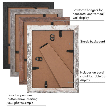 Rustic 5x7 Frame Set of 4 - Photo Frame with Textured Engineered Wood, Shatter Resistant Glass, and Easel - Picture Frame