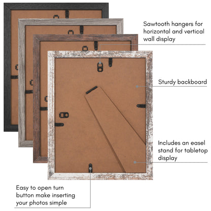Rustic 8x10 Frame Set of 4 - Photo Frame with Textured Engineered Wood, Shatter Resistant Glass, and Easel - Picture Frame