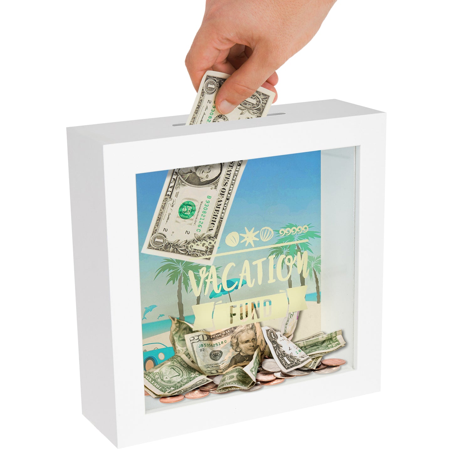 Vacation Fund Shadow Box with Money Slot | White