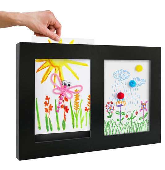 Slide In Kids Art Frame with Two 8.5x11 Picture Frame Openings for Kids Artwork in Black Engineered Wood