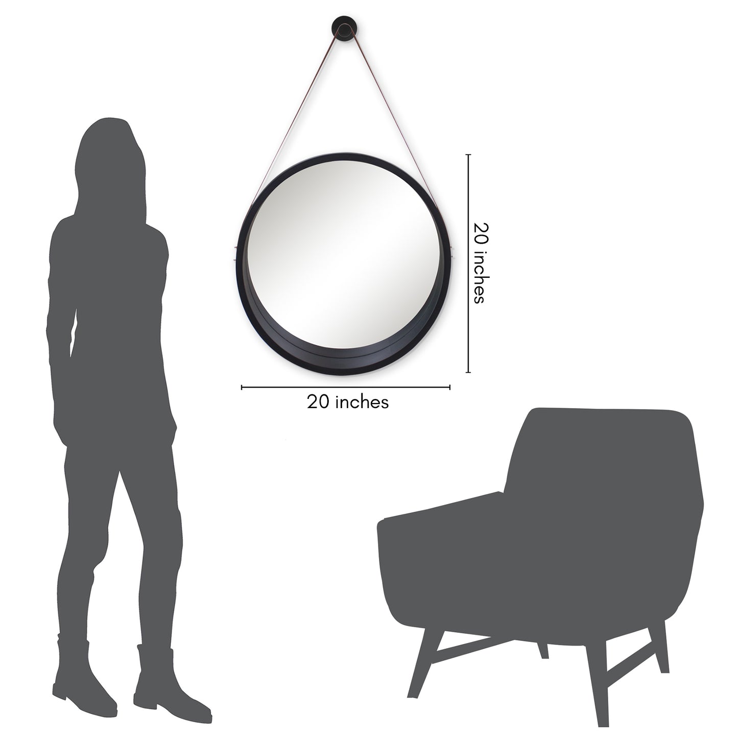 Round Mirror with Strap - Hanging Mirror for Wall - Circle Mirror for Bathroom, Bedroom, Entryway, Living Room