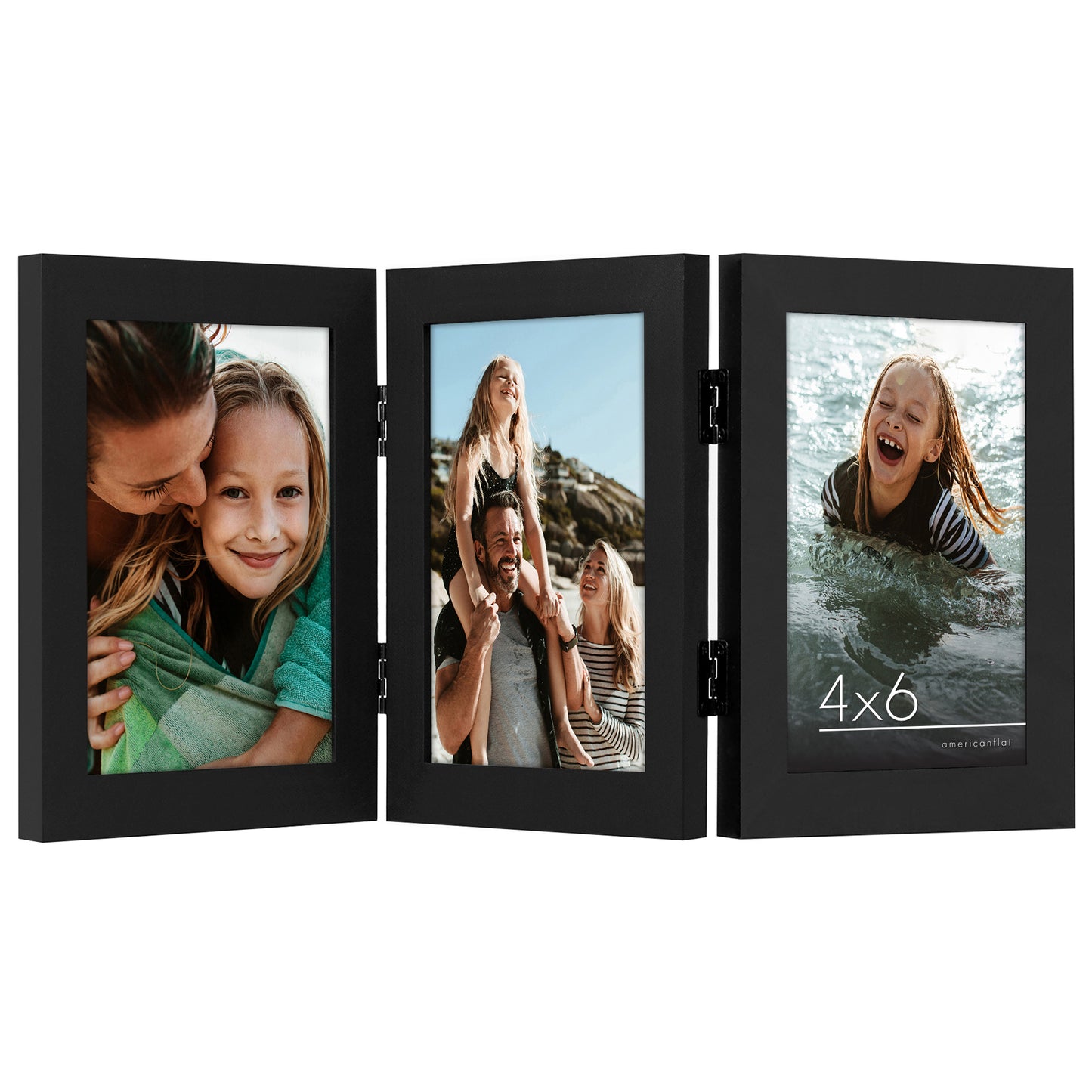 Hinged 3 Photo Picture Frame - Tri Folding Picture Frame For Desk - Displays 3 Photos with Shatter-Resistant Glass Covers