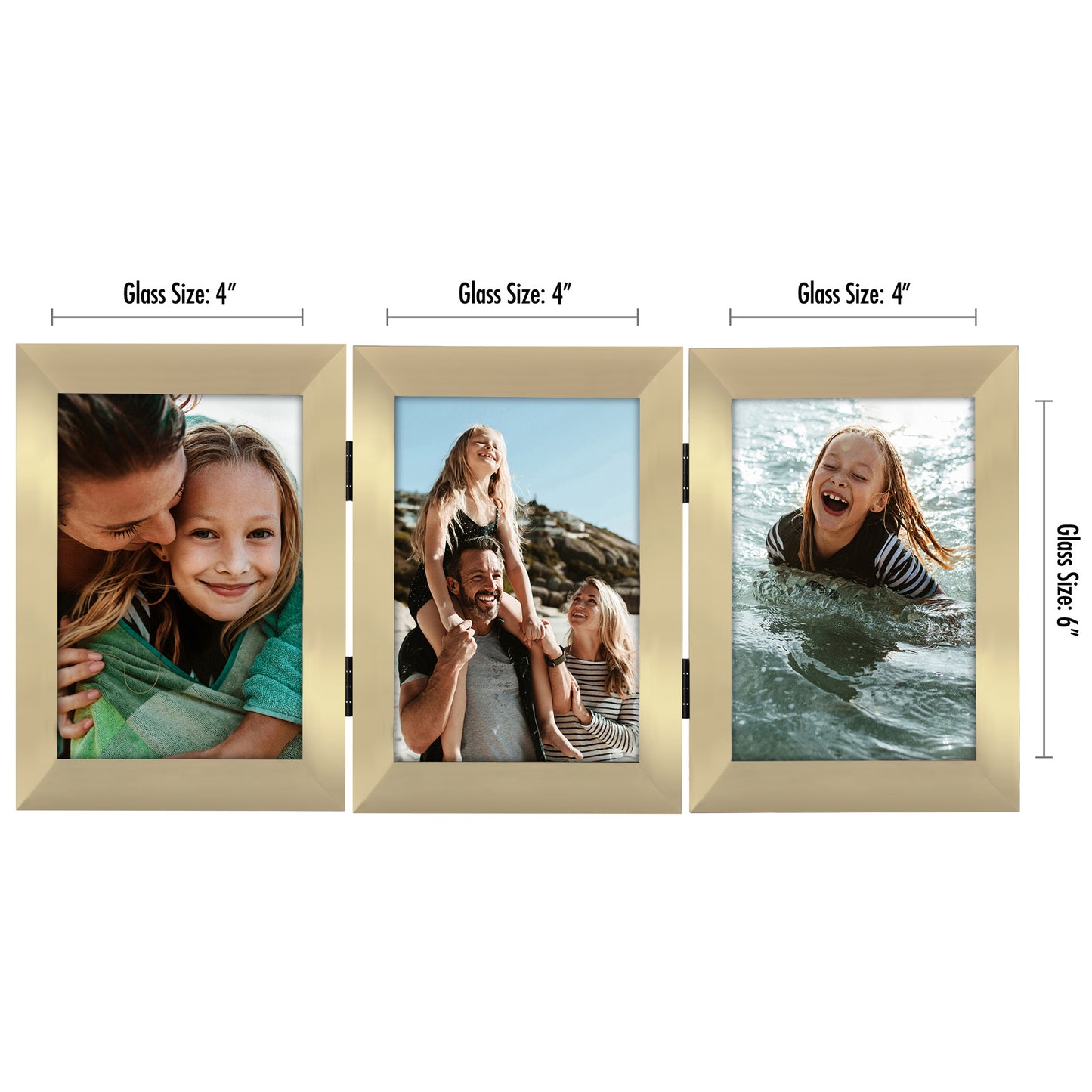 Hinged 3 Photo Picture Frame - Tri Folding Picture Frame For Desk - Displays 3 Photos with Shatter-Resistant Glass Covers