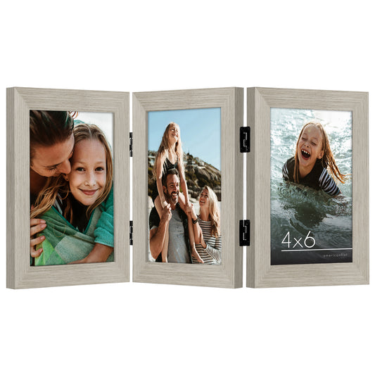 Hinged 3 Photo Picture Frame - Tri Folding Picture Frame For Desk - Displays 3 Photos with Shatter-Resistant Glass Covers