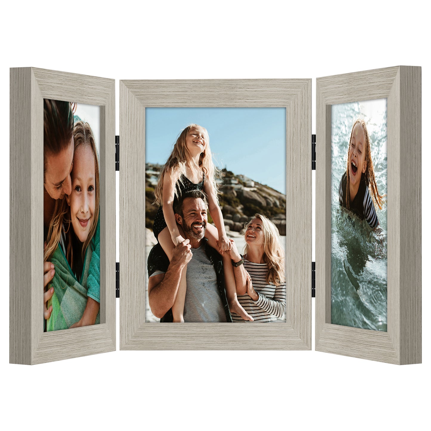 Hinged 3 Photo Picture Frame - Tri Folding Picture Frame For Desk - Displays 3 Photos with Shatter-Resistant Glass Covers