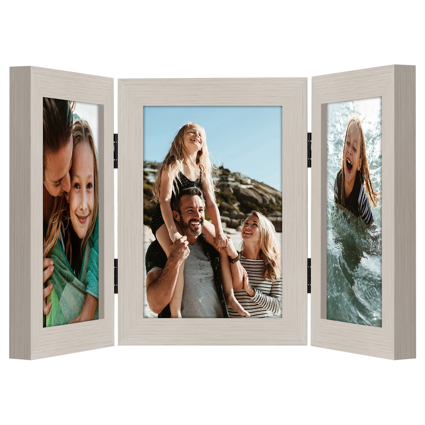 Hinged 3 Photo Picture Frame - Tri Folding Picture Frame For Desk - Displays 3 Photos with Shatter-Resistant Glass Covers