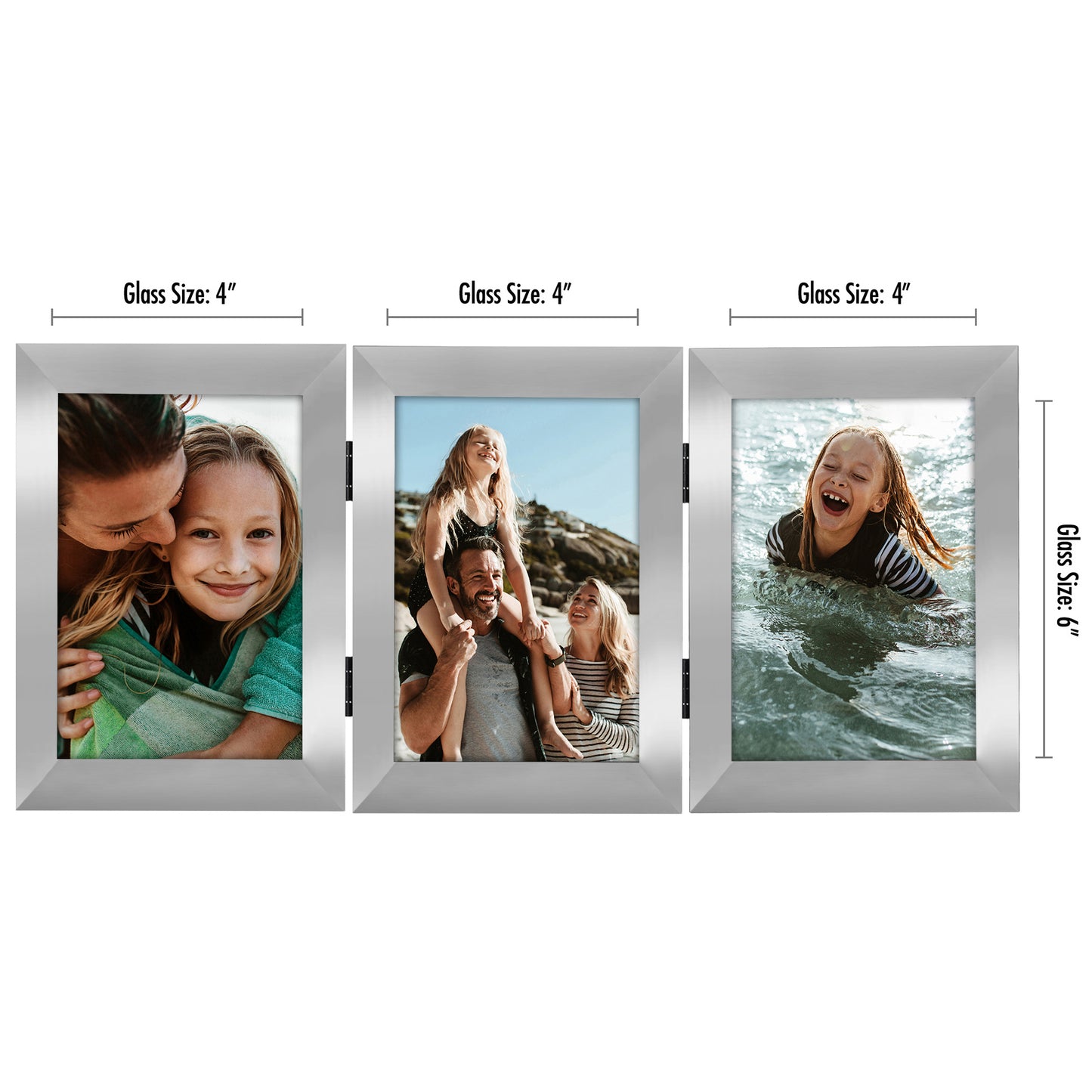 Hinged 3 Photo Picture Frame - Tri Folding Picture Frame For Desk - Displays 3 Photos with Shatter-Resistant Glass Covers