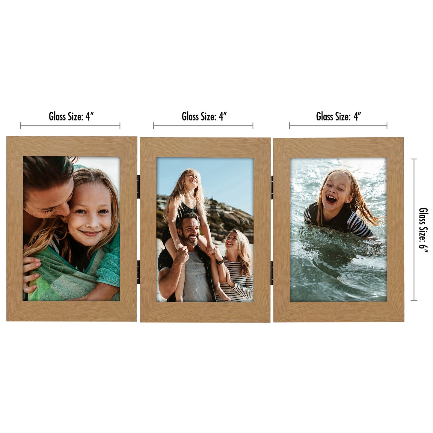 Hinged 3 Photo Picture Frame - Tri Folding Picture Frame For Desk - Displays 3 Photos with Shatter-Resistant Glass Covers