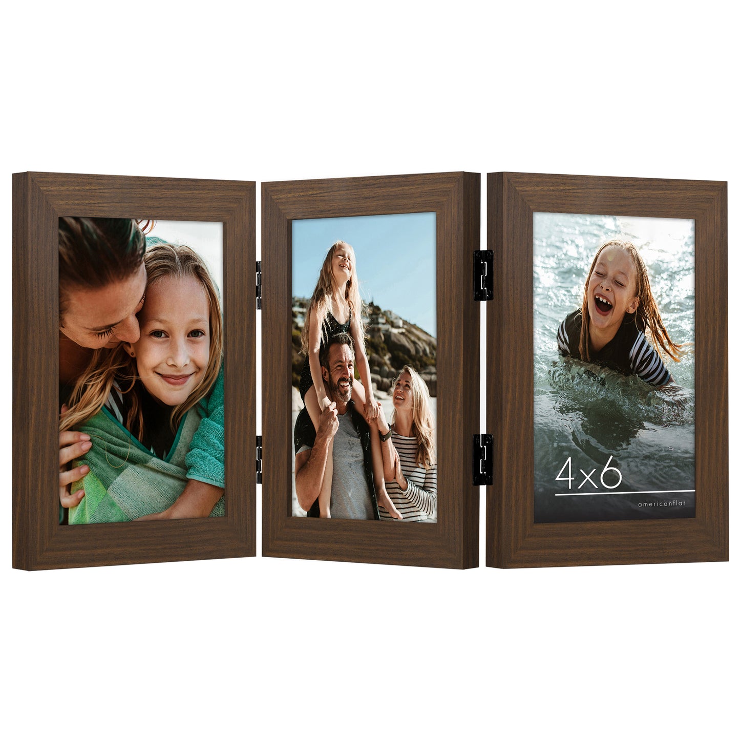 Hinged 3 Photo Picture Frame - Tri Folding Picture Frame For Desk - Displays 3 Photos with Shatter-Resistant Glass Covers