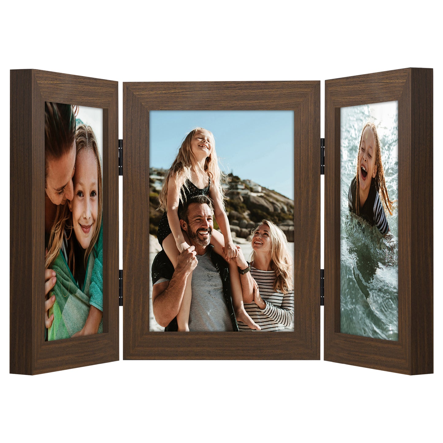 Hinged 3 Photo Picture Frame - Tri Folding Picture Frame For Desk - Displays 3 Photos with Shatter-Resistant Glass Covers