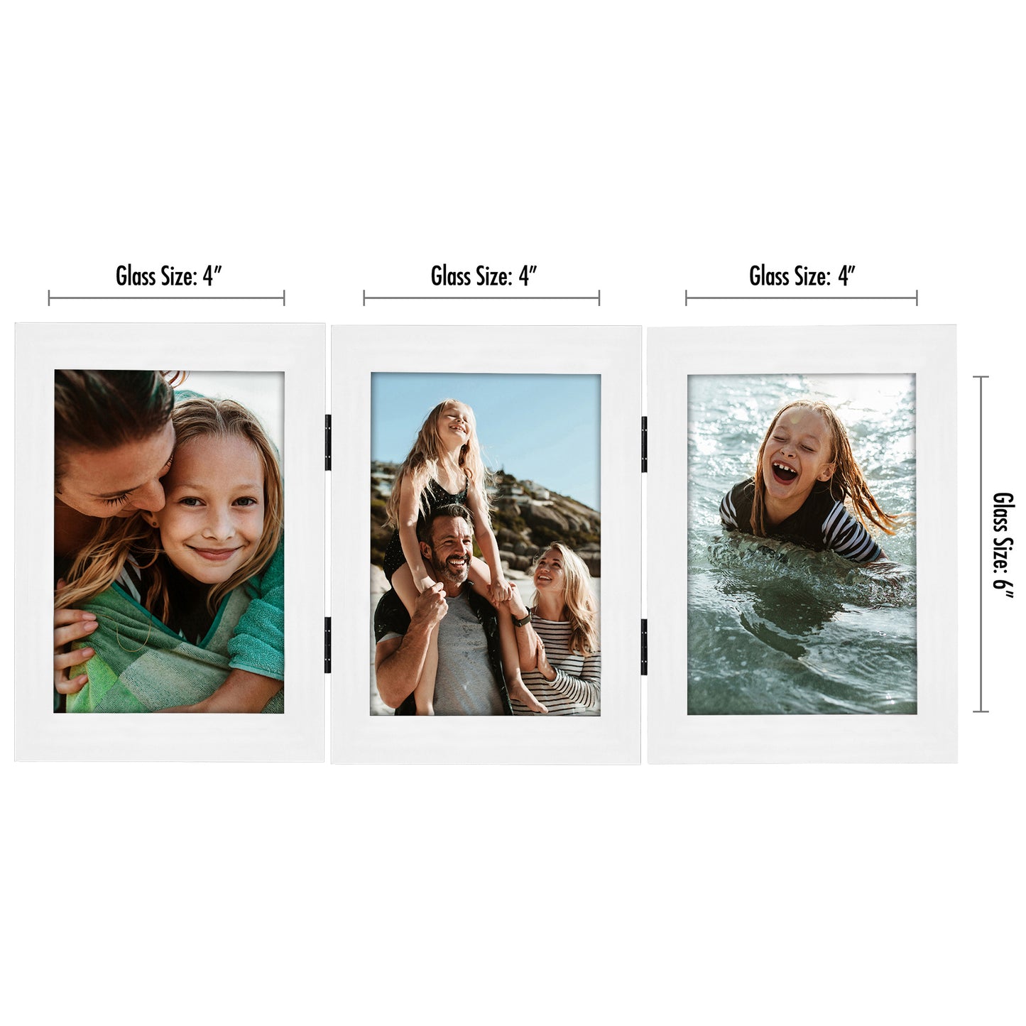 Hinged 3 Photo Picture Frame - Tri Folding Picture Frame For Desk - Displays 3 Photos with Shatter-Resistant Glass Covers