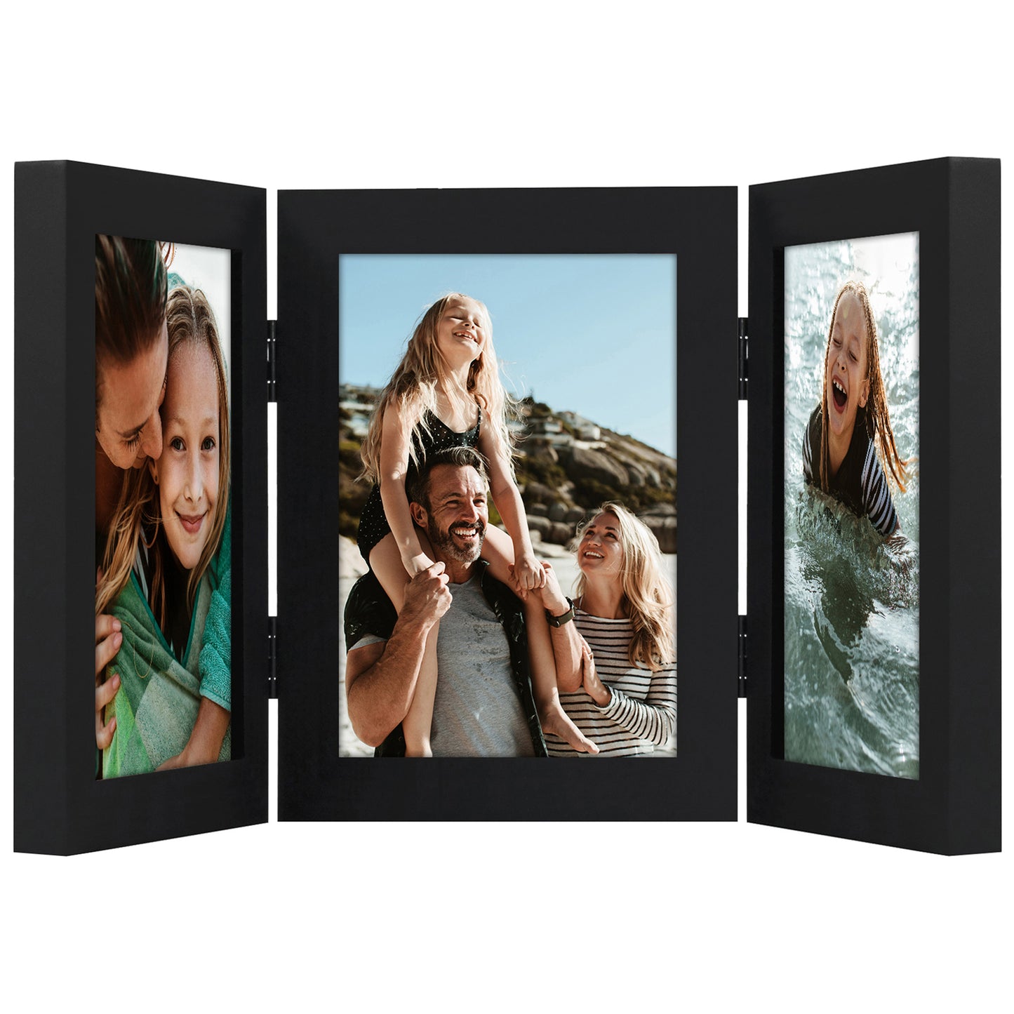 Hinged 3 Photo Picture Frame - Tri Folding Picture Frame For Desk - Displays 3 Photos with Shatter-Resistant Glass Covers