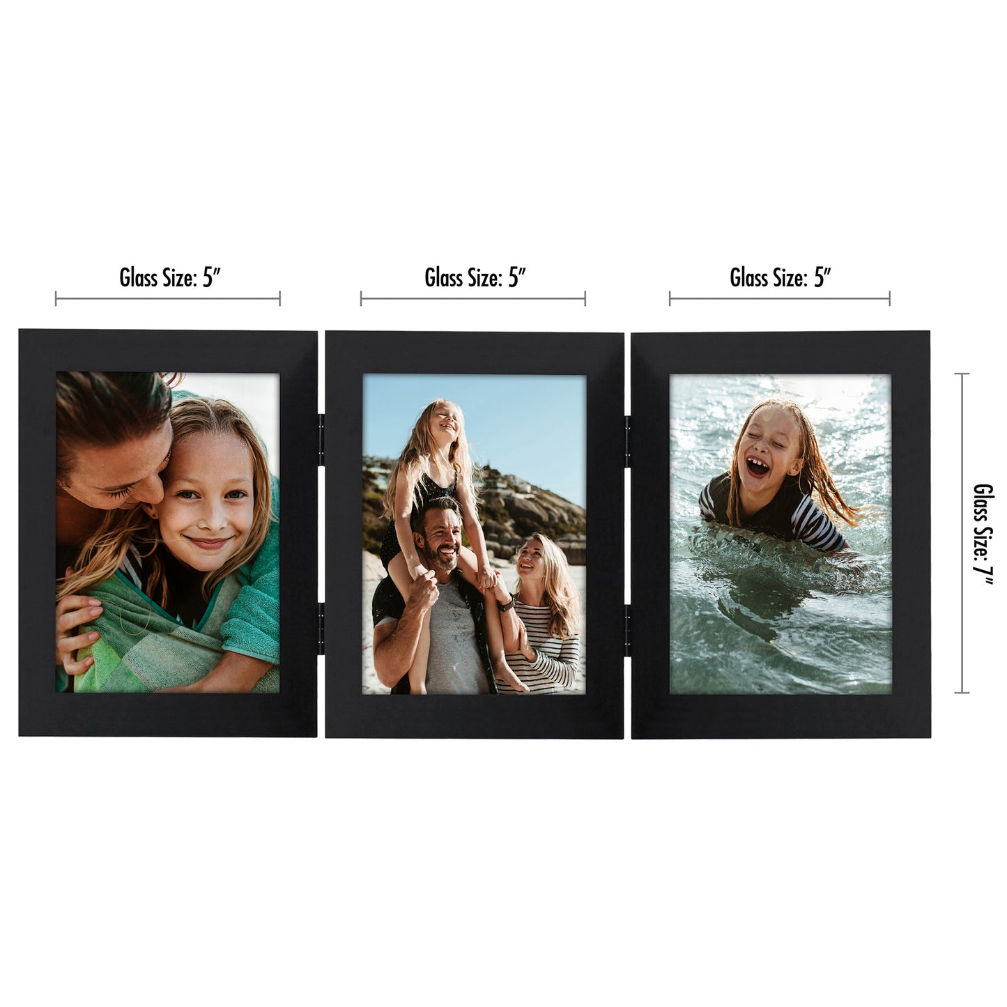 Hinged 3 Photo Picture Frame - Tri Folding Picture Frame For Desk - Displays 3 Photos with Shatter-Resistant Glass Covers