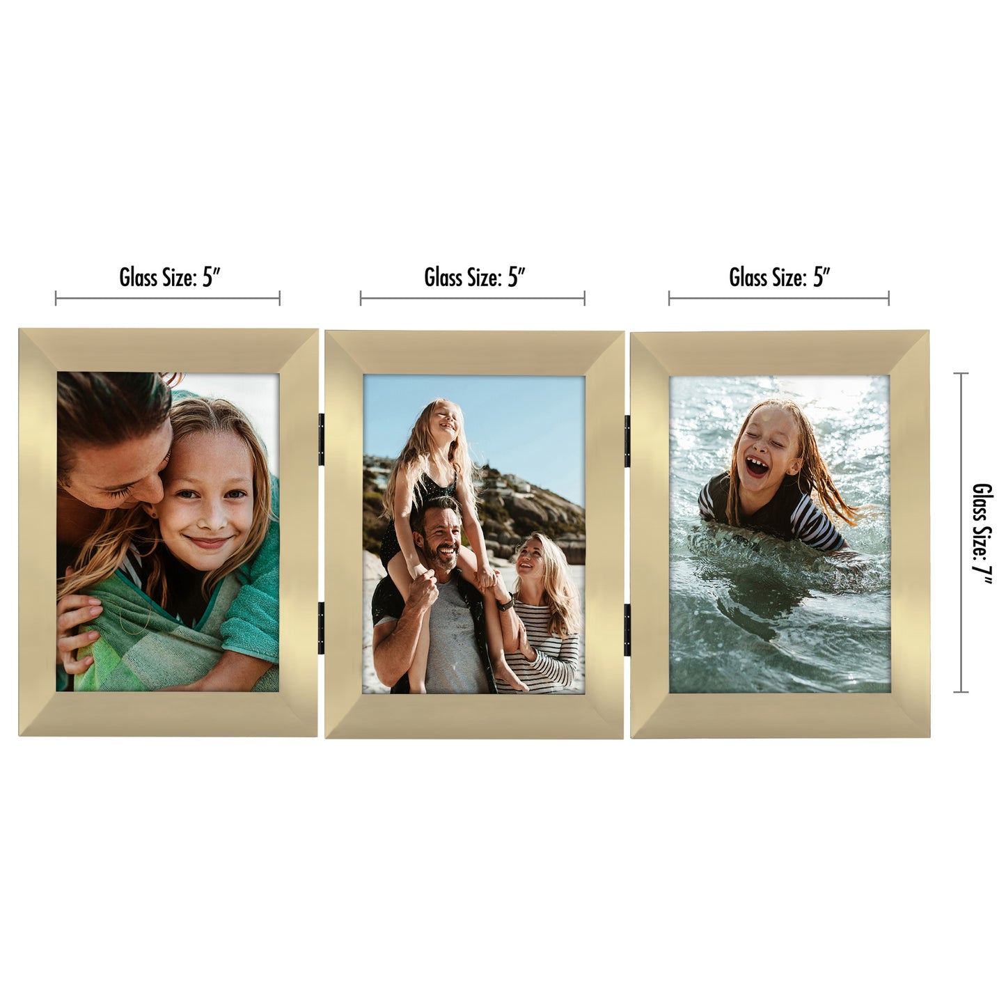 Hinged 3 Photo Picture Frame - Tri Folding Picture Frame For Desk - Displays 3 Photos with Shatter-Resistant Glass Covers