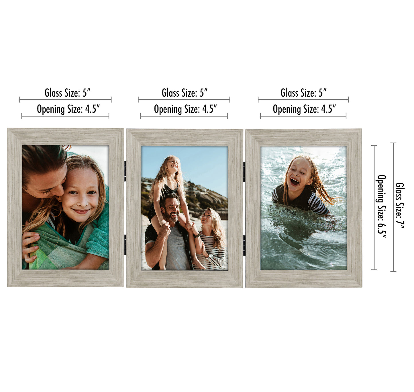 Hinged 3 Photo Picture Frame - Tri Folding Picture Frame For Desk - Displays 3 Photos with Shatter-Resistant Glass Covers