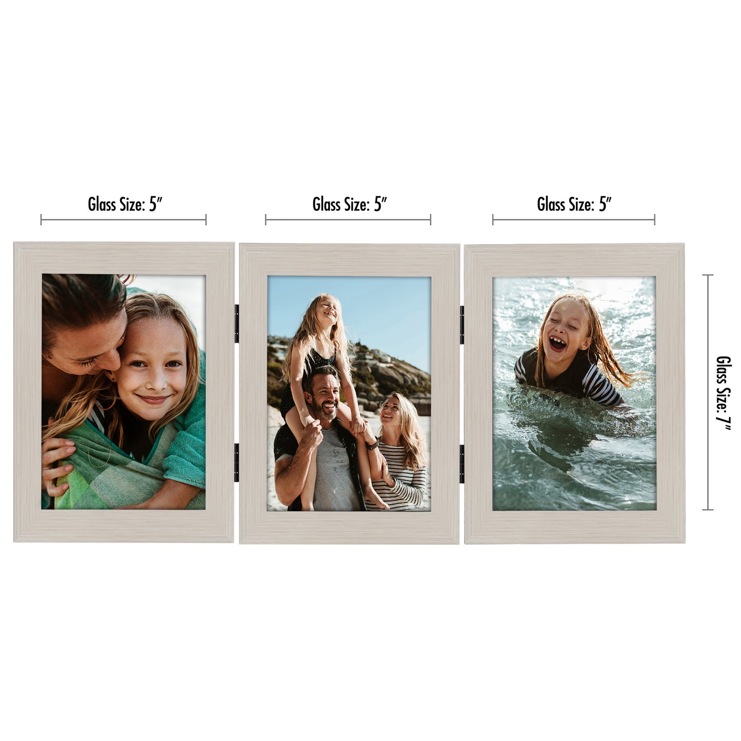 Hinged 3 Photo Picture Frame - Tri Folding Picture Frame For Desk - Displays 3 Photos with Shatter-Resistant Glass Covers