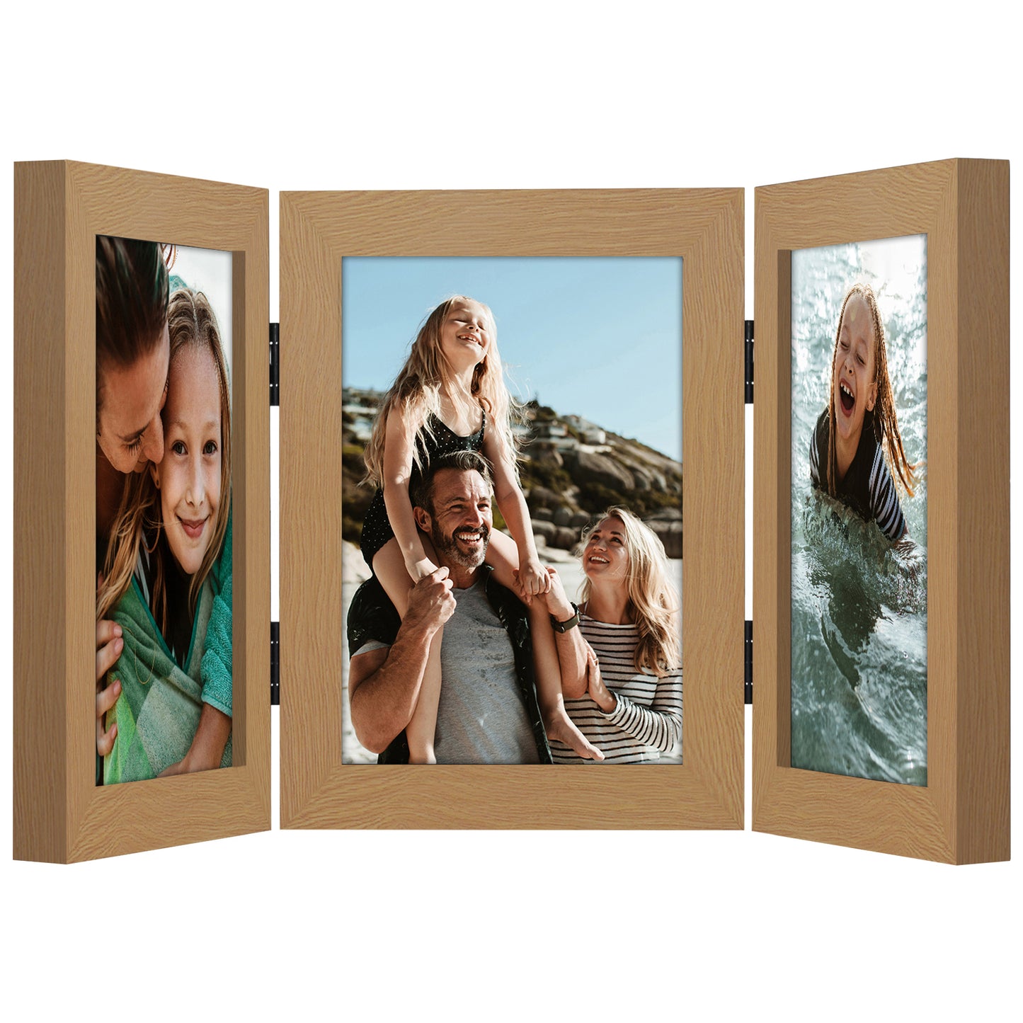 Hinged 3 Photo Picture Frame - Tri Folding Picture Frame For Desk - Displays 3 Photos with Shatter-Resistant Glass Covers