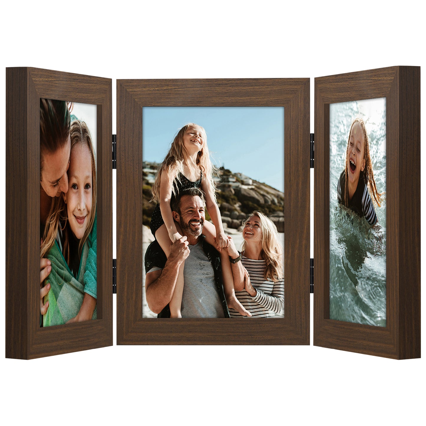 Hinged 3 Photo Picture Frame - Tri Folding Picture Frame For Desk - Displays 3 Photos with Shatter-Resistant Glass Covers