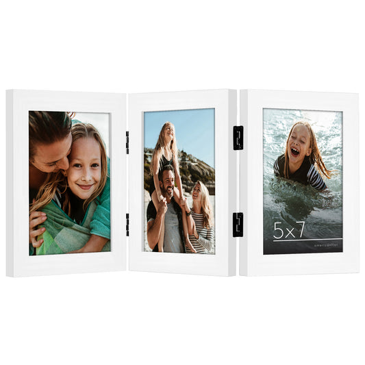 Hinged 3 Photo Frame in White - Desk Photo Frame for 5x7" Photos - Displays 3 Photos with Shatter-Resistant Glass Covers - Picture Frame