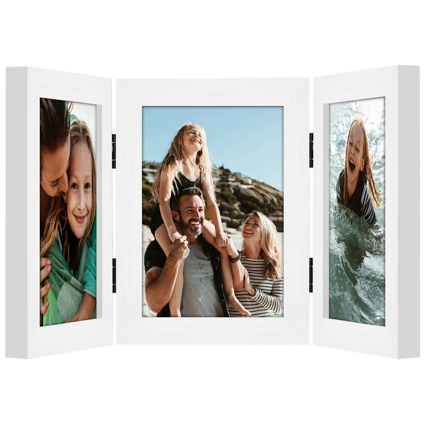 Hinged 3 Photo Picture Frame - Tri Folding Picture Frame For Desk - Displays 3 Photos with Shatter-Resistant Glass Covers