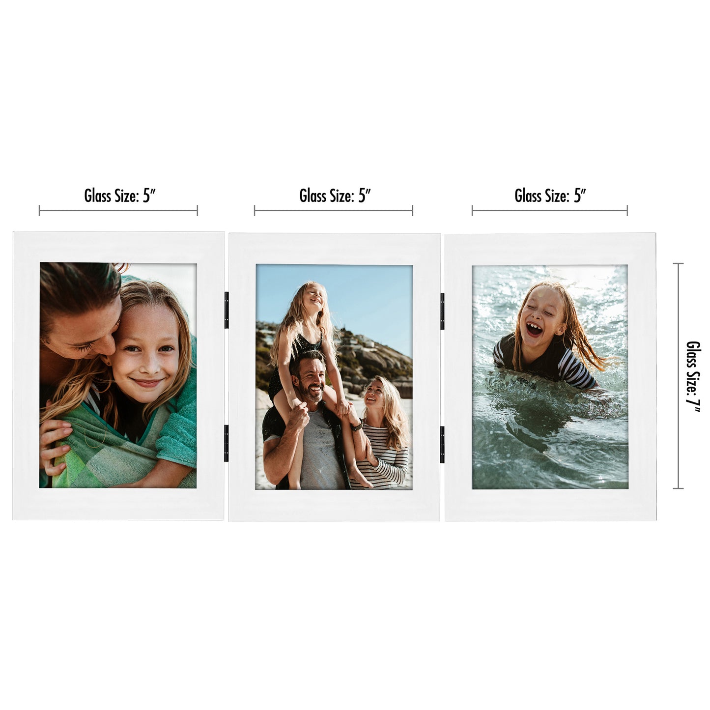 Hinged 3 Photo Picture Frame - Tri Folding Picture Frame For Desk - Displays 3 Photos with Shatter-Resistant Glass Covers