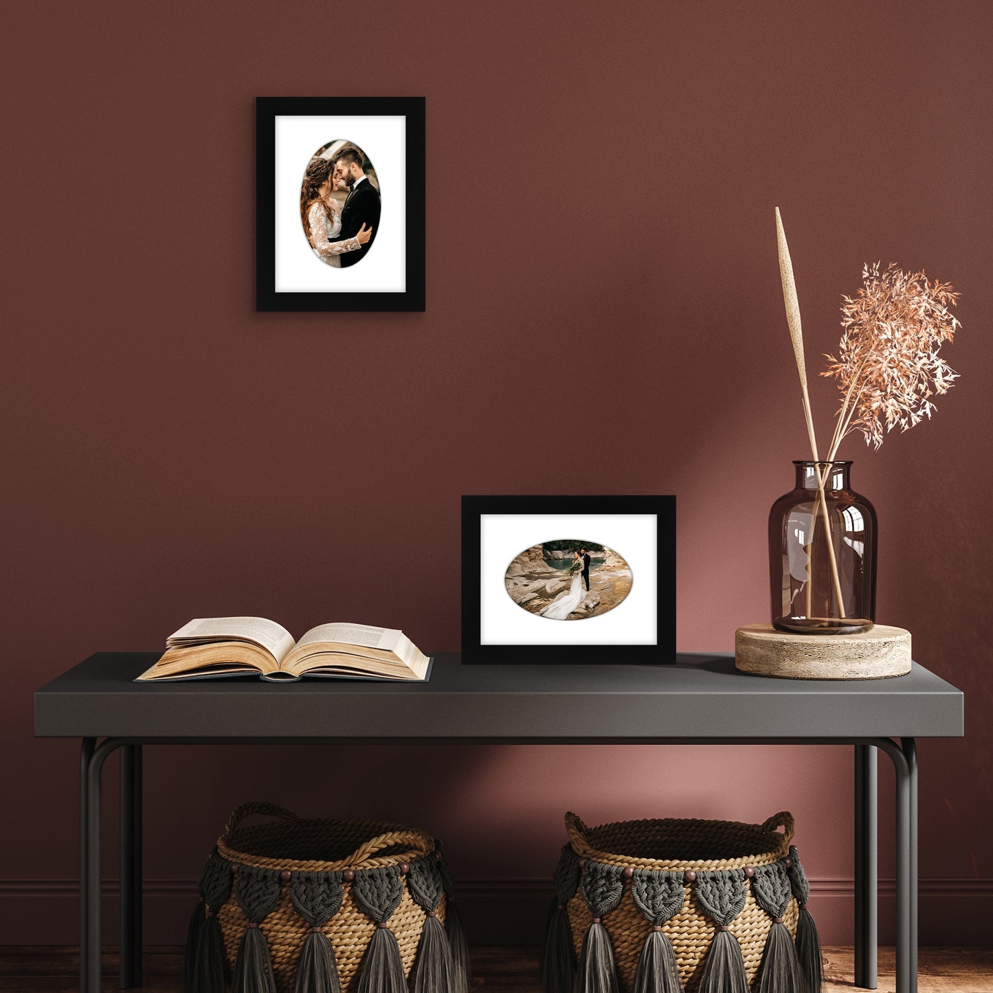 Picture Frame With Oval Mat - Engineered Wood Photo Frame with Shatter-Resistant Glass Cover