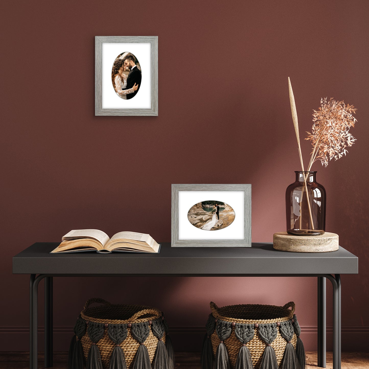 Picture Frame With Oval Mat - Engineered Wood Photo Frame with Shatter-Resistant Glass Cover