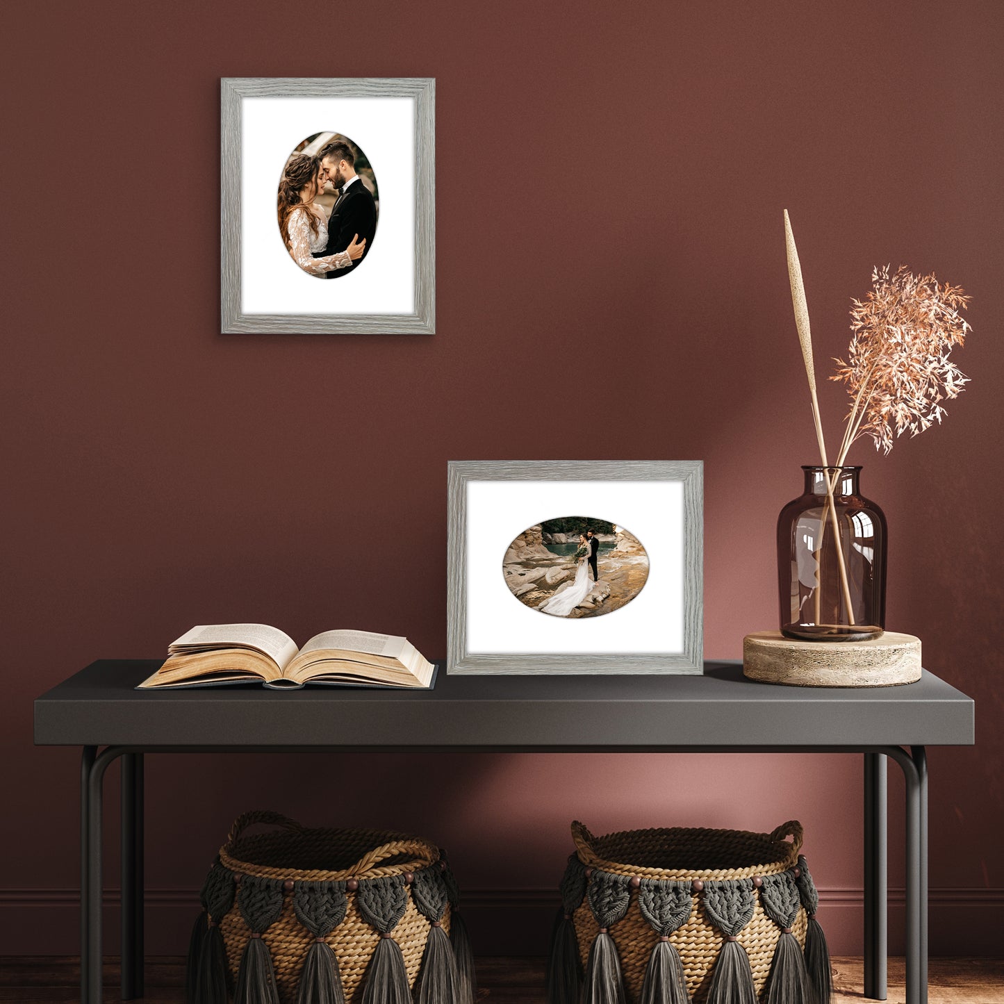 Picture Frame With Oval Mat - Engineered Wood Photo Frame with Shatter-Resistant Glass Cover