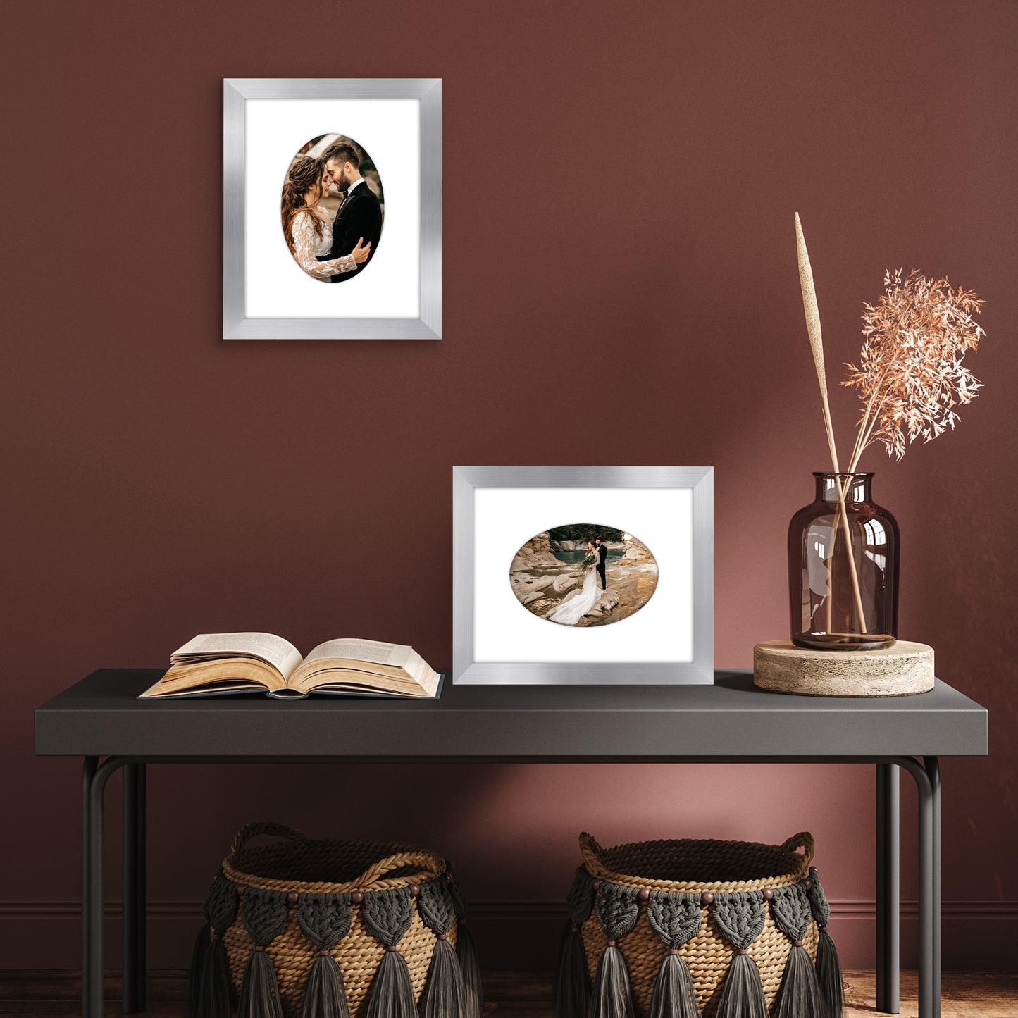 Picture Frame With Oval Mat - Engineered Wood Photo Frame with Shatter-Resistant Glass Cover