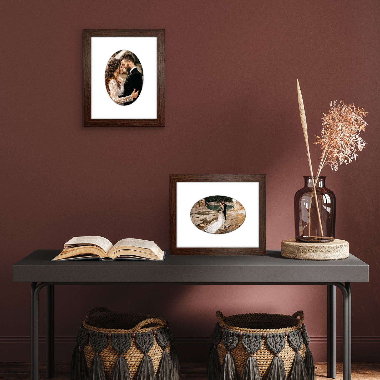 Picture Frame With Oval Mat - Engineered Wood Photo Frame with Shatter-Resistant Glass Cover