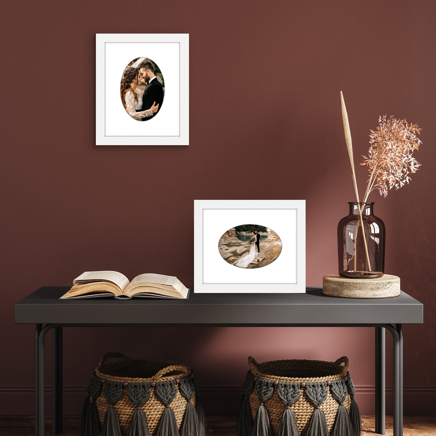 Picture Frame With Oval Mat - Engineered Wood Photo Frame with Shatter-Resistant Glass Cover