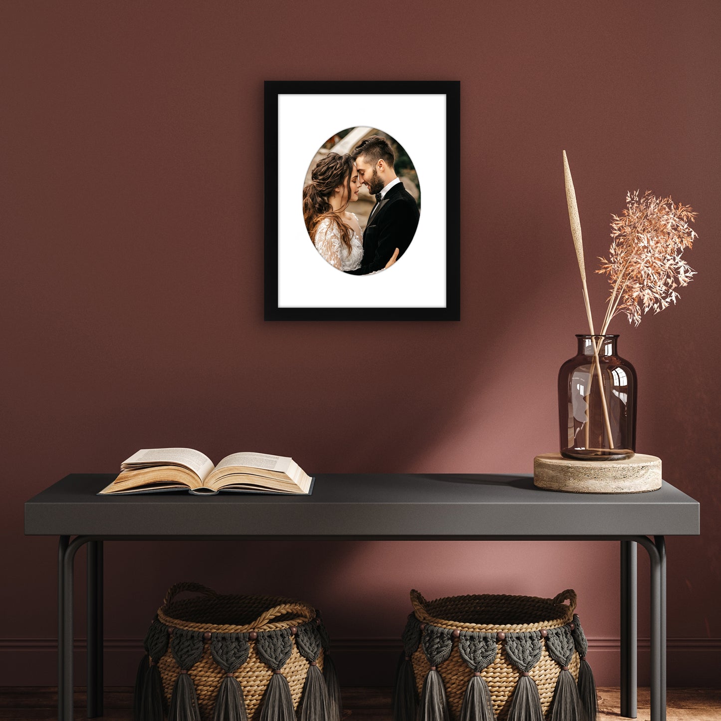 Picture Frame With Oval Mat - Engineered Wood Photo Frame with Shatter-Resistant Glass Cover