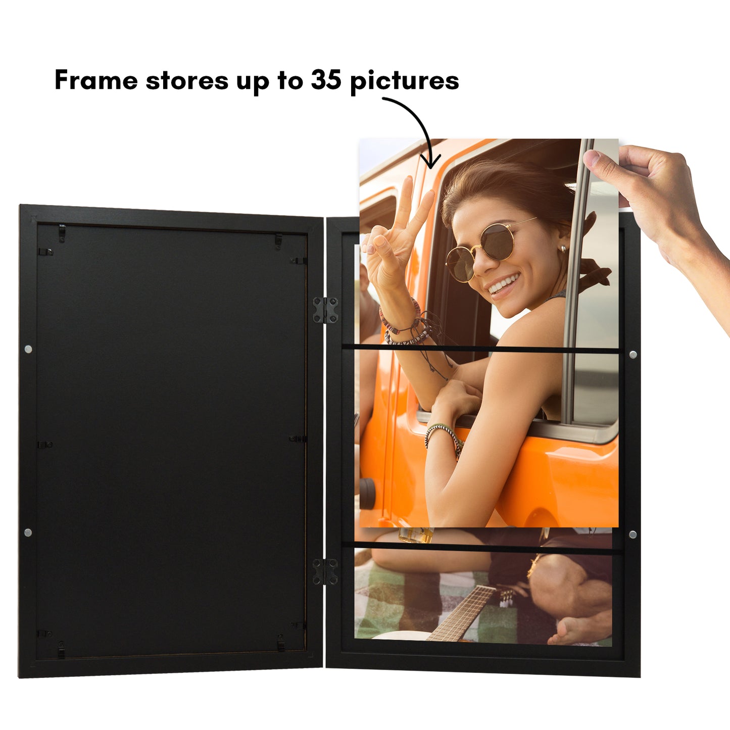 Picture Frame in Black - Quick-Change Display Storage Frame Holds 35 Photos - Engineered Wood Frame with Shatter Resistant Glass