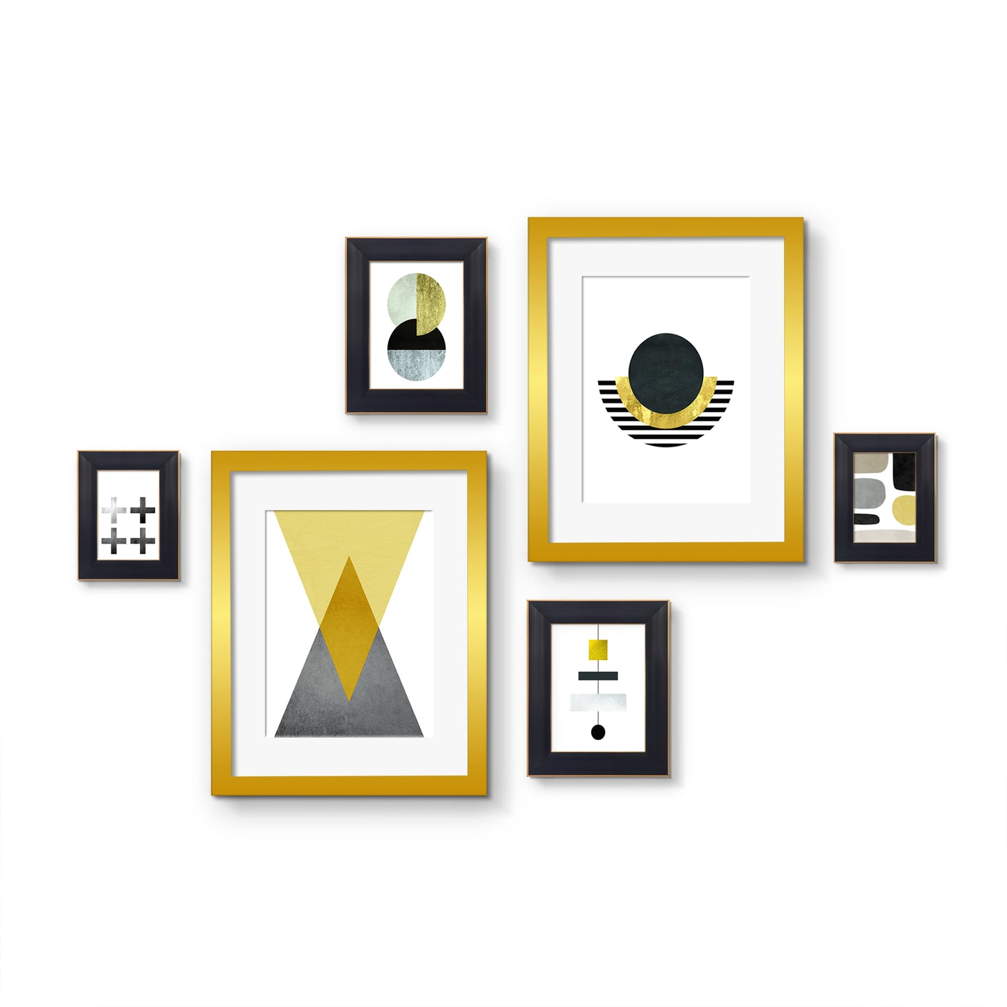 Modern Warm Geometric Abstract Shapes - 6 Piece Black & Gold Framed Gallery Art Set