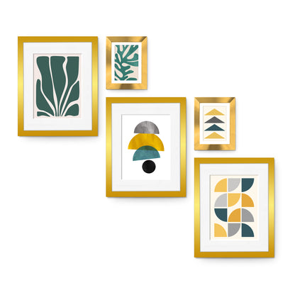 Mid-Century Abstract Shapes - 5 Piece Gold Framed Gallery Art Set