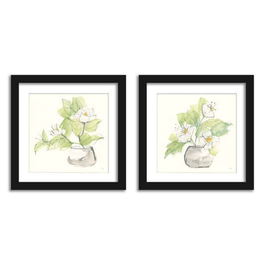  White Magnolias Bathroom Wall Art - Set of 2 Framed Prints by Wild Apple