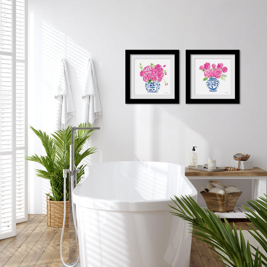 Roses On White Bathroom Wall Art - Set of 2 Framed Prints by Wild Apple - Americanflat